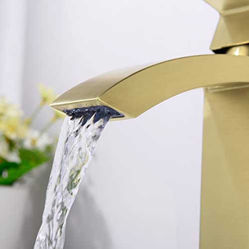 TRUSTMI Single Hole Bathroom Faucet Brass Square Waterfall Bathroom Sink Faucet with 6" Deck Plate and Overflow Drain, Brushed Gold - Image 4