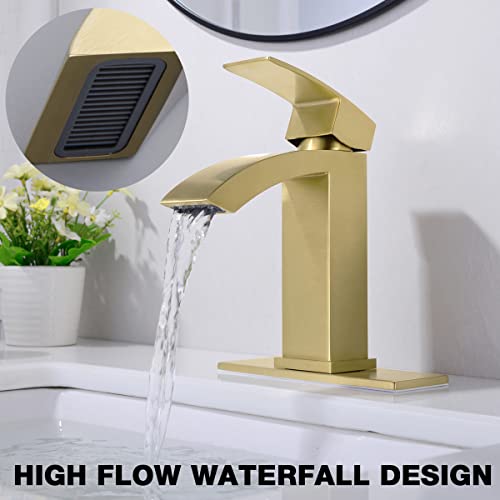TRUSTMI Single Hole Bathroom Faucet Brass Square Waterfall Bathroom Sink Faucet with 6" Deck Plate and Overflow Drain, Brushed Gold - Image 3