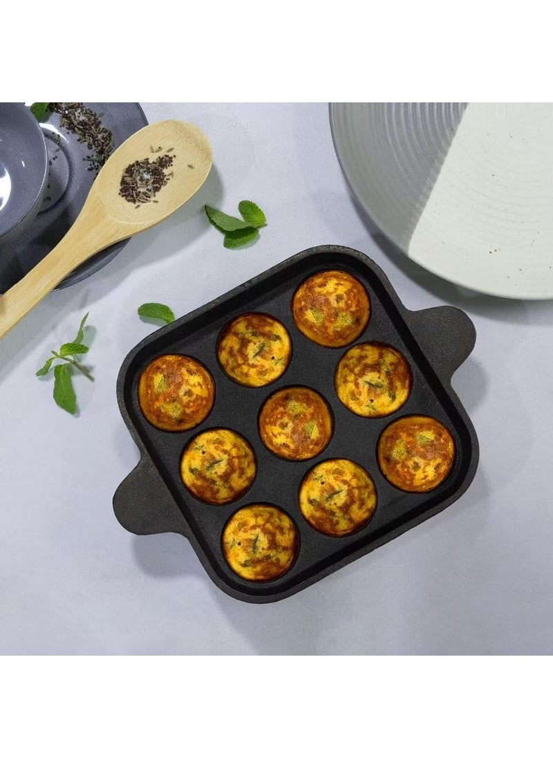Wakefit - Wakefit Appe Maker | 9 Cavities, 10 Inches | Pre-Seasoned Paniyaram Pan, Appam Maker, Appe Pan, Appam Pan, Appe Pan Cast Iron, Appe Maker Cast Iron, Appe Stand, Cast Iron Paniyaram Pan (Glitz) - Image 1
