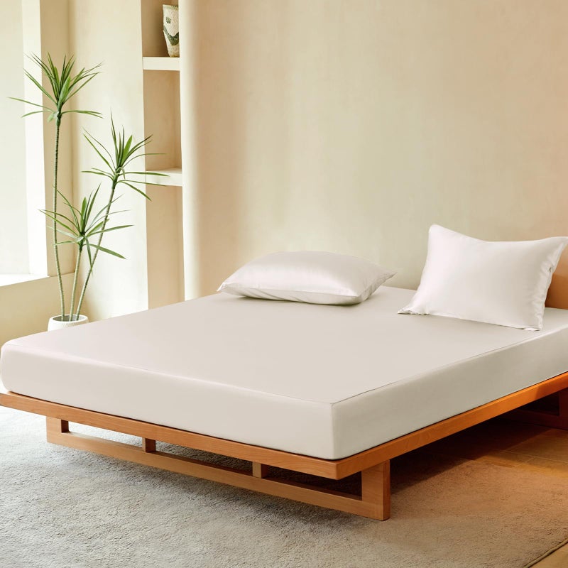 THXSILK Luxury Mulberry Silk Fitted Sheet Set 3 Pcs Queen Silk Bed Sheet Set with 16 Deep Pockets Soft Cooling Sheets 1 Fitted Sheet 2 Pillowcases with Zipper Closure White