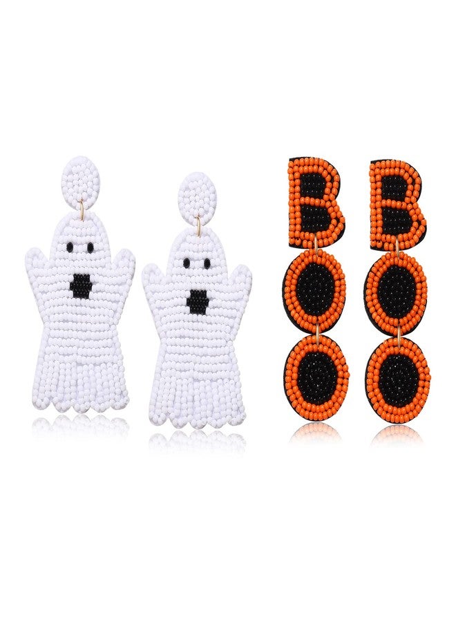 MOLOCH 2 Pairs Halloween Beaded BOO Ghost Drop Earrings for Women Handmade Pumpkin Teardrop Dangle Earrings Statement Festive Party Costume Jewelry Gifts - Image 1