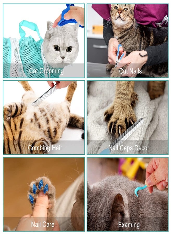 JULMELON Cat Washing Bag 10 PCS Set, Adjustable Cat Shower Net Bag and Pet Grooming Brush with Nail Clipper Nail File Hair Combs Tick Tool Nail Caps for Bathing Nail Trimming Examination（Grey+Green） - Image 4