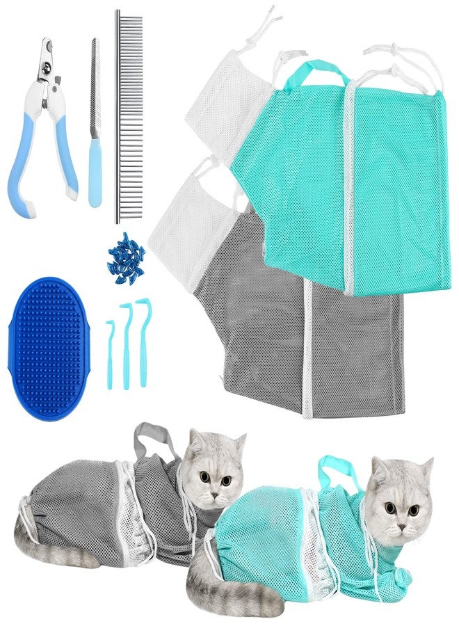 JULMELON Cat Washing Bag 10 PCS Set, Adjustable Cat Shower Net Bag and Pet Grooming Brush with Nail Clipper Nail File Hair Combs Tick Tool Nail Caps for Bathing Nail Trimming Examination（Grey+Green） - Image 1