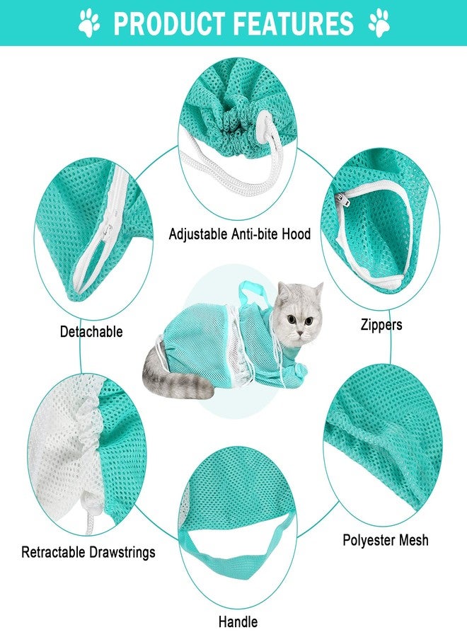 JULMELON Cat Washing Bag 10 PCS Set, Adjustable Cat Shower Net Bag and Pet Grooming Brush with Nail Clipper Nail File Hair Combs Tick Tool Nail Caps for Bathing Nail Trimming Examination（Grey+Green） - Image 3