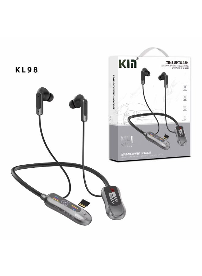 KL 98 Bluetooth Headphones Fast Charging Neckband Sport Earbuds Earphone with SD Card, Bluetooth Play Back. Upgraded Supports Headphone-Black