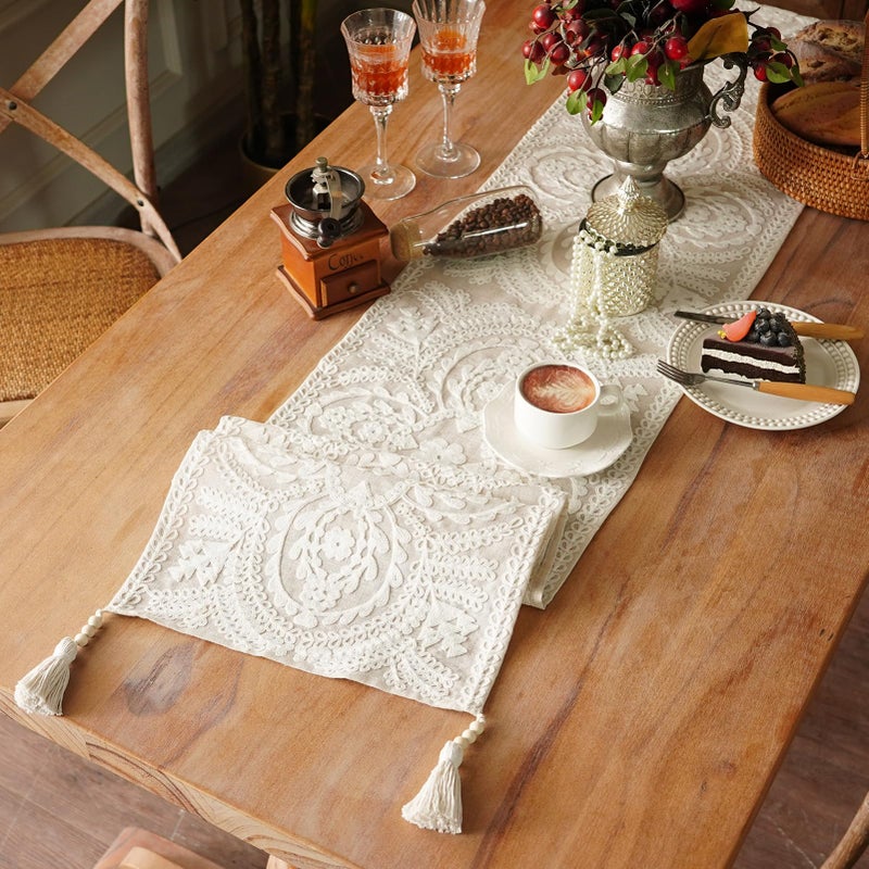 Artbloss Embroidered Table Runner Boho Farmhouse Dresser Scarf Macrame Rustic Lace Doily with Tassel for Kitchen Indoor Outdoor Fireplace (Beige, 14 x 94 Inches) - Image 2