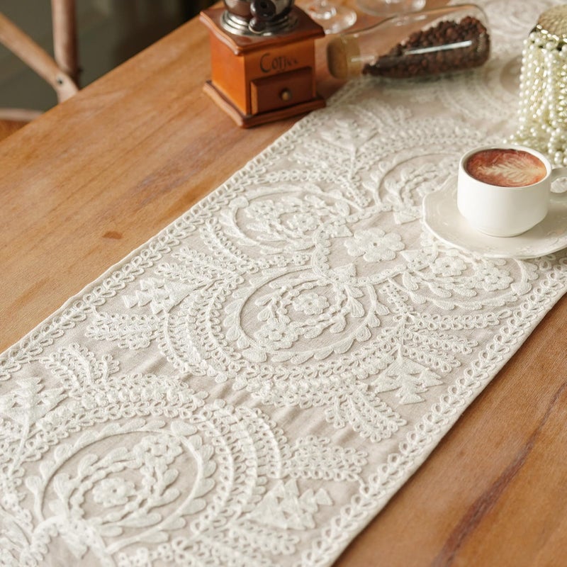 Artbloss Embroidered Table Runner Boho Farmhouse Dresser Scarf Macrame Rustic Lace Doily with Tassel for Kitchen Indoor Outdoor Fireplace (Beige, 14 x 94 Inches) - Image 4