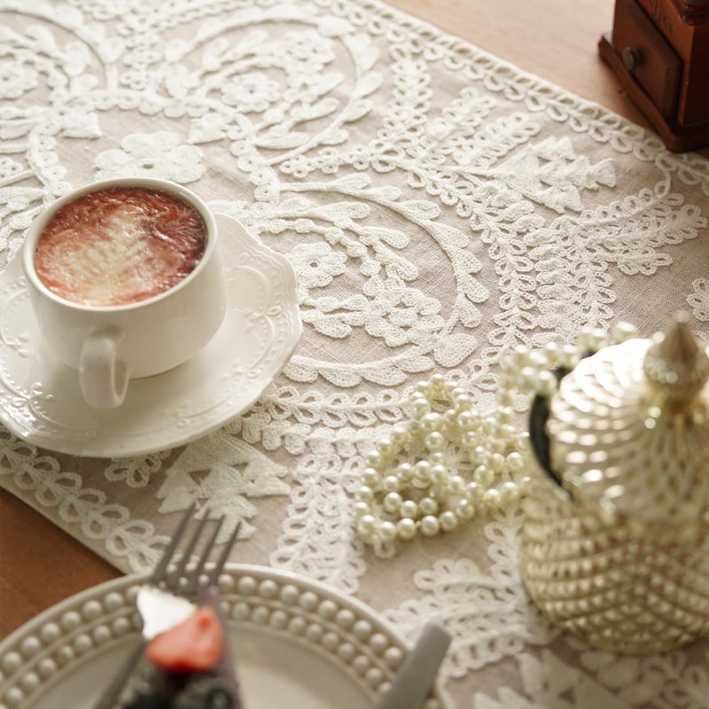 Artbloss Embroidered Table Runner Boho Farmhouse Dresser Scarf Macrame Rustic Lace Doily with Tassel for Kitchen Indoor Outdoor Fireplace (Beige, 14 x 94 Inches) - Image 5