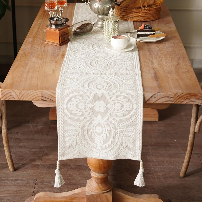 Artbloss Embroidered Table Runner Boho Farmhouse Dresser Scarf Macrame Rustic Lace Doily with Tassel for Kitchen Indoor Outdoor Fireplace (Beige, 14 x 94 Inches) - Image 3