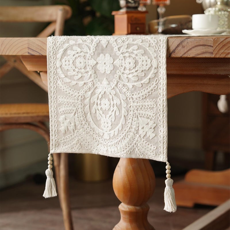 Artbloss Embroidered Table Runner Boho Farmhouse Dresser Scarf Macrame Rustic Lace Doily with Tassel for Kitchen Indoor Outdoor Fireplace (Beige, 14 x 94 Inches) - Image 1