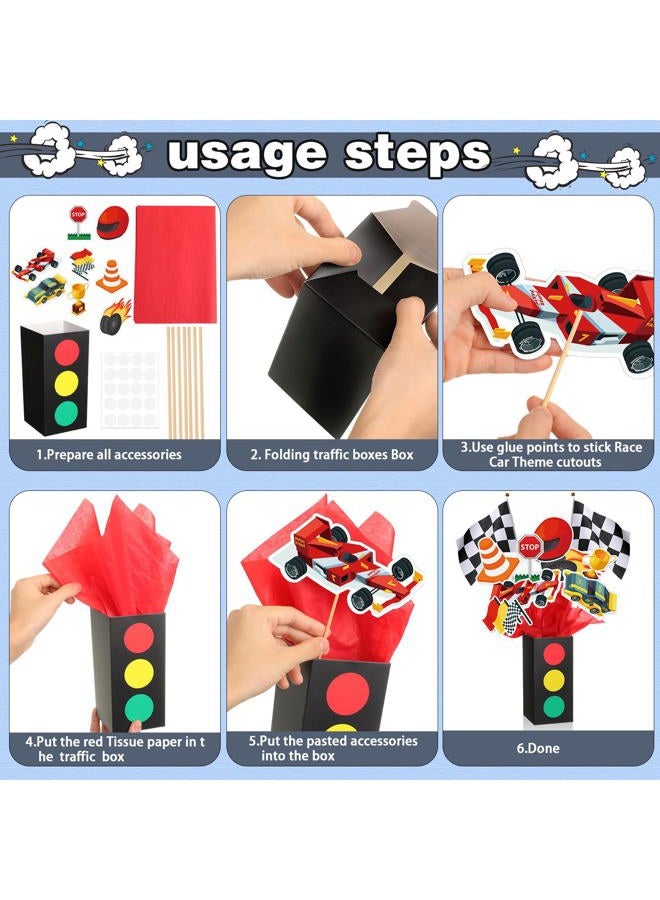 Saypacck 12 مجموعة زينة حفلة عيد ميلاد سيارات السباق زينة مركزية للطاولات مع صناديق المرور زينة حفلة استحمام الأطفال مع قصاصات أعلام مربعة لزينة حفلة عيد الميلاد - Image 3