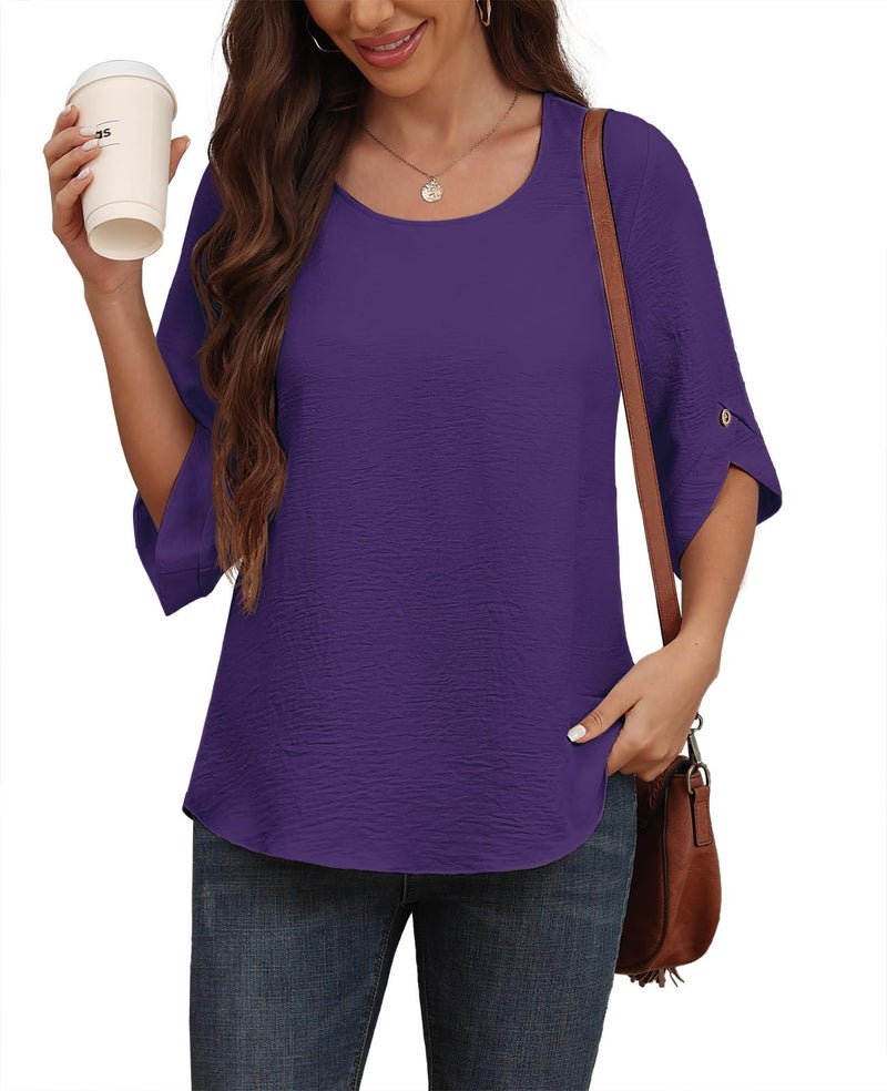Askyes Womens Chiffon Tops for Curvy Women Gift Summer 3/4 Sleeve Casual Elegant Blouses Wear with Leggings,Dark Purple,L - Image 4