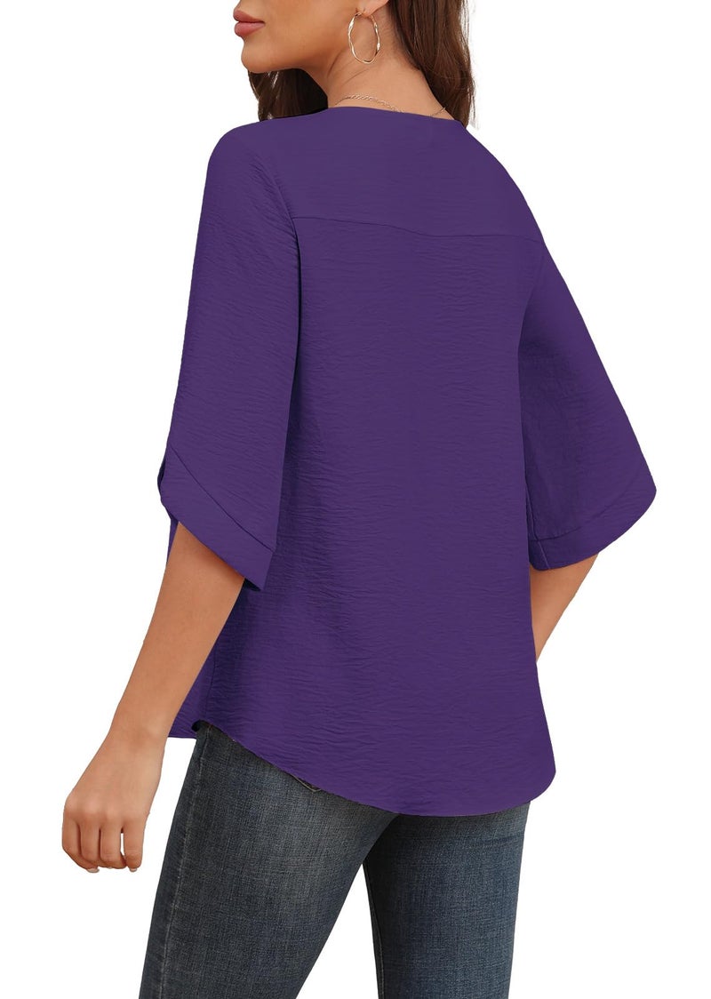 Askyes Womens Chiffon Tops for Curvy Women Gift Summer 3/4 Sleeve Casual Elegant Blouses Wear with Leggings,Dark Purple,L - Image 2