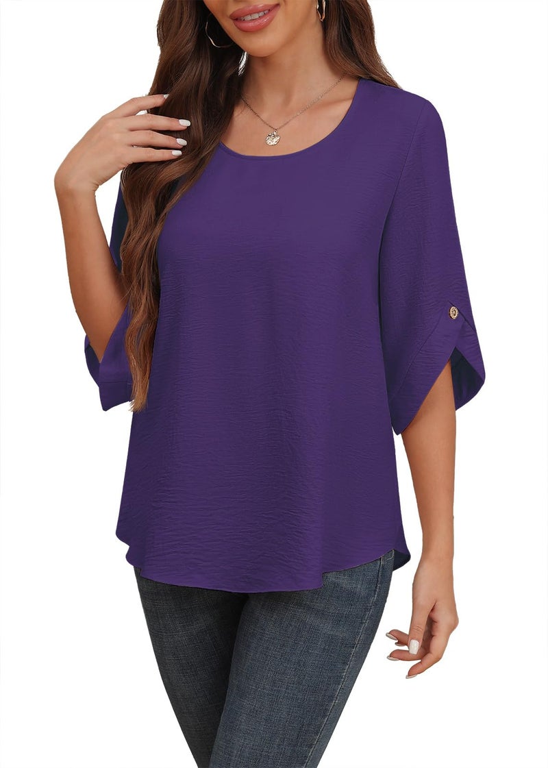 Askyes Womens Chiffon Tops for Curvy Women Gift Summer 3/4 Sleeve Casual Elegant Blouses Wear with Leggings,Dark Purple,L - Image 1