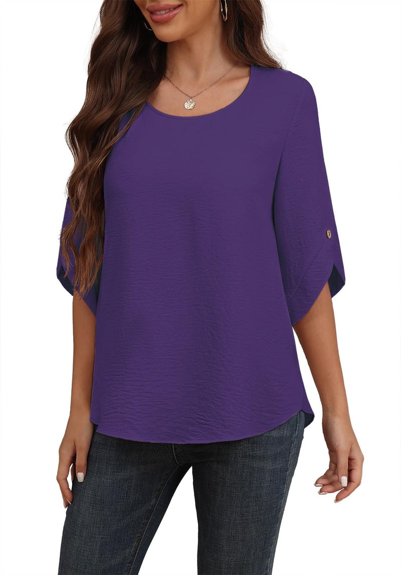 Askyes Womens Chiffon Tops for Curvy Women Gift Summer 3/4 Sleeve Casual Elegant Blouses Wear with Leggings,Dark Purple,L - Image 5