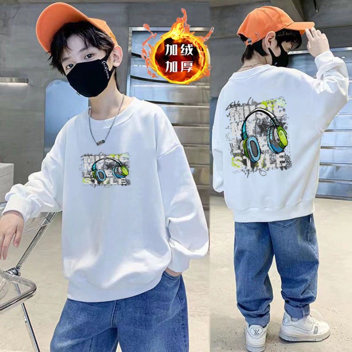 Children'S Stylish Round-Neck Pure Cotton Sweatshirt, 2025 Fleece-Lined Loose And Versatile Trendy Top For Older Kids - Image 1