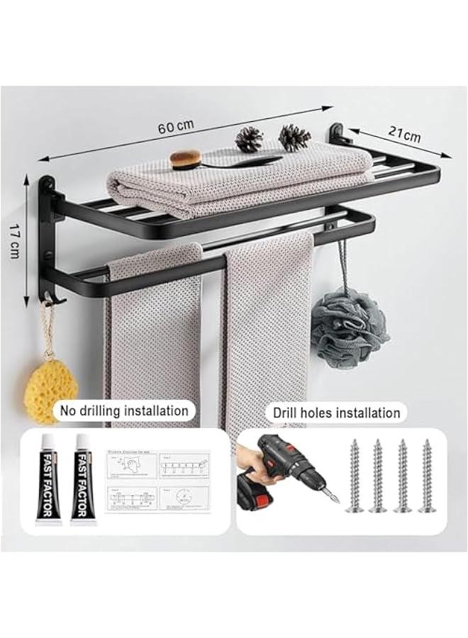 هوكور حامل مناشف قابل للطي بدون ثقب لجدار الحمام من بايبي، حامل مناشف اسود غير لامع، اكسسوارات الحمام، رف مع قضبان مناشف مزدوجة وخطافات (60 سم) - Image 2