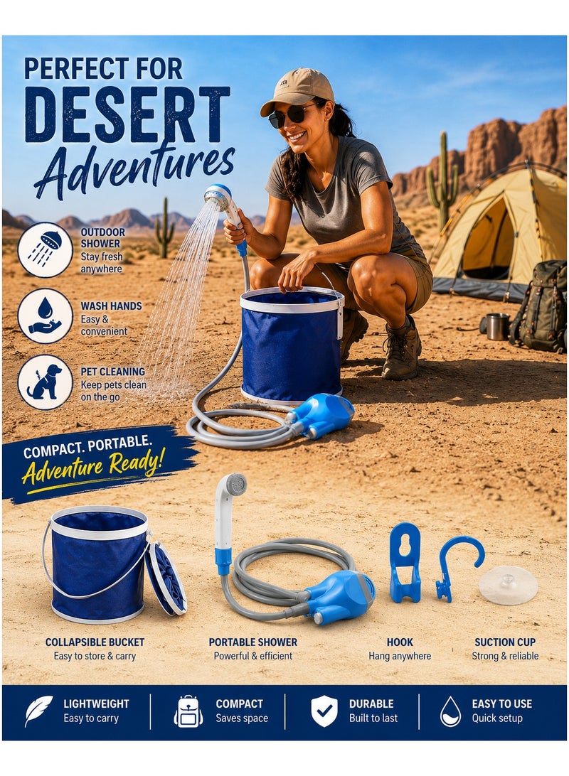 DBLEW Shattaf Portable Electric Outdoor Shower Kit With Foldable Bucket Rechargeable Camping Shower With Dual Shower Heads Water Filter for Camping Hiking Beach Pets Plants Travel Water Pump Machine Handheld Bidet - Image 1