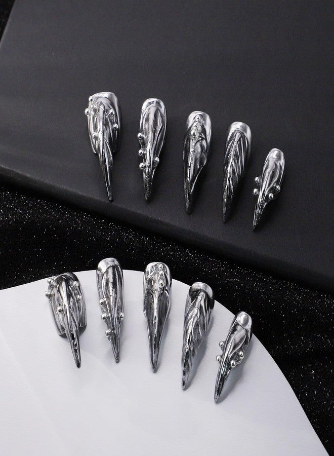 OCOUYVD Halloween Eagle Claws Press on Nails Acrylic Fake Nails Long Curved Glossy False Nails Silver Glittter Glue on Nail Manicure Sparkly Luxury Handmade Steel Ball Stick on Nail for Women (Size M) - Image 4