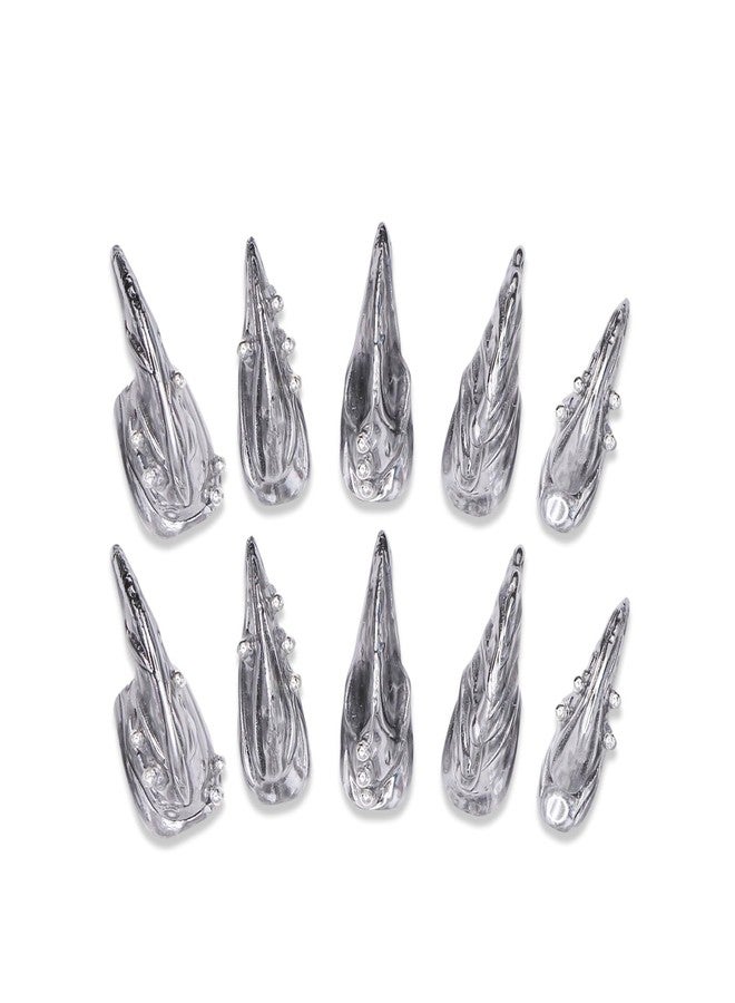 OCOUYVD Halloween Eagle Claws Press on Nails Acrylic Fake Nails Long Curved Glossy False Nails Silver Glittter Glue on Nail Manicure Sparkly Luxury Handmade Steel Ball Stick on Nail for Women (Size M) - Image 3