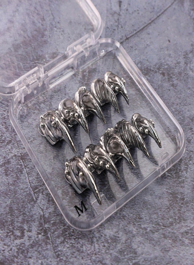 OCOUYVD Halloween Eagle Claws Press on Nails Acrylic Fake Nails Long Curved Glossy False Nails Silver Glittter Glue on Nail Manicure Sparkly Luxury Handmade Steel Ball Stick on Nail for Women (Size M) - Image 2