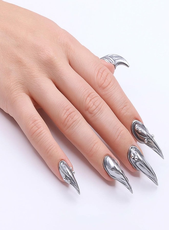 OCOUYVD Halloween Eagle Claws Press on Nails Acrylic Fake Nails Long Curved Glossy False Nails Silver Glittter Glue on Nail Manicure Sparkly Luxury Handmade Steel Ball Stick on Nail for Women (Size M) - Image 5