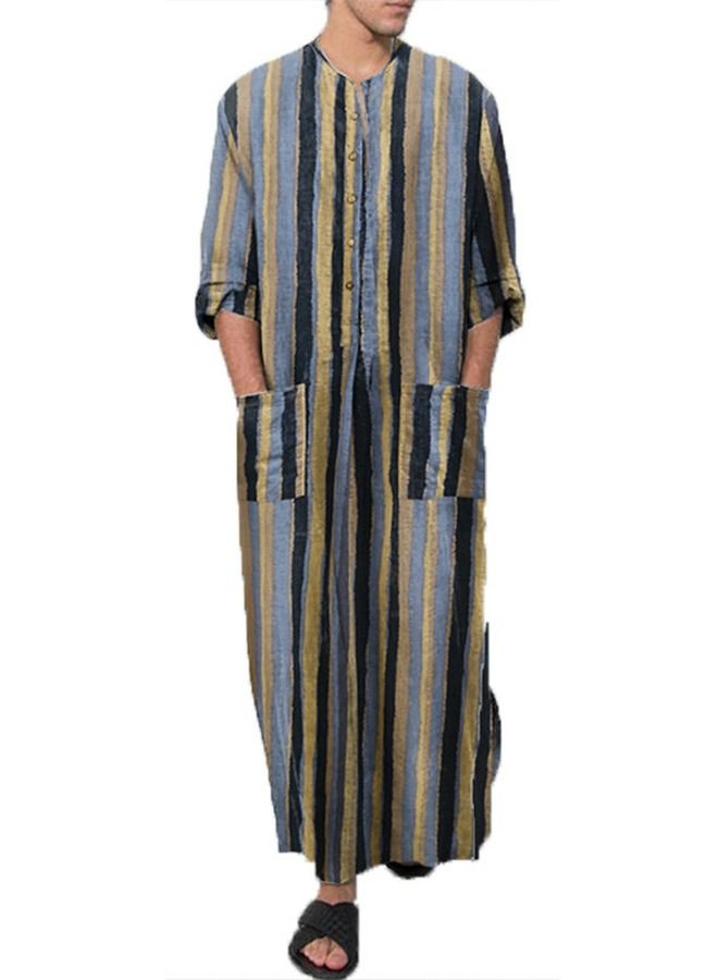 Men's Traditional Dresses Long Sleeve Striped Henley Shirts Kaftan Muslim Long Gown Thobe Robe for Men Multicolor Stripes