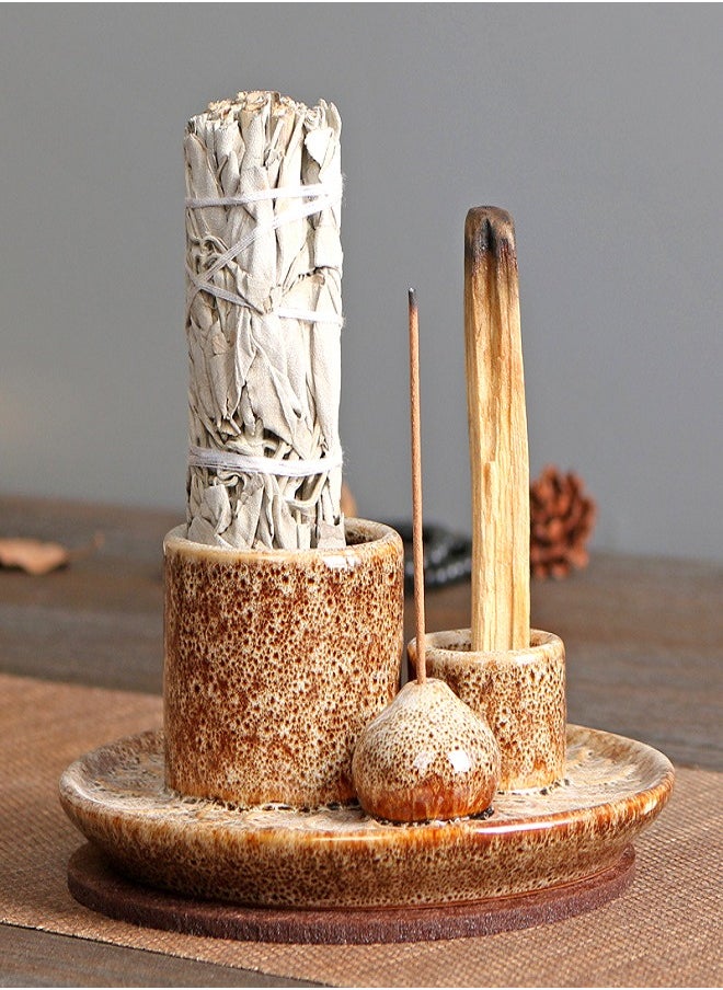 Generic - Palo Santo Sticks Holder Multi-Purpose Handmade Ceramic Incense Burner for Palo Santo Incense Sticks Sage Holder for Burning Ash Catcher Tray for Meditation Yoga Room-Brown White - Image 1