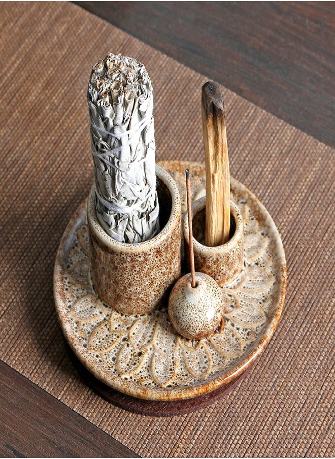 Generic - Palo Santo Sticks Holder Multi-Purpose Handmade Ceramic Incense Burner for Palo Santo Incense Sticks Sage Holder for Burning Ash Catcher Tray for Meditation Yoga Room-Brown White - Image 1