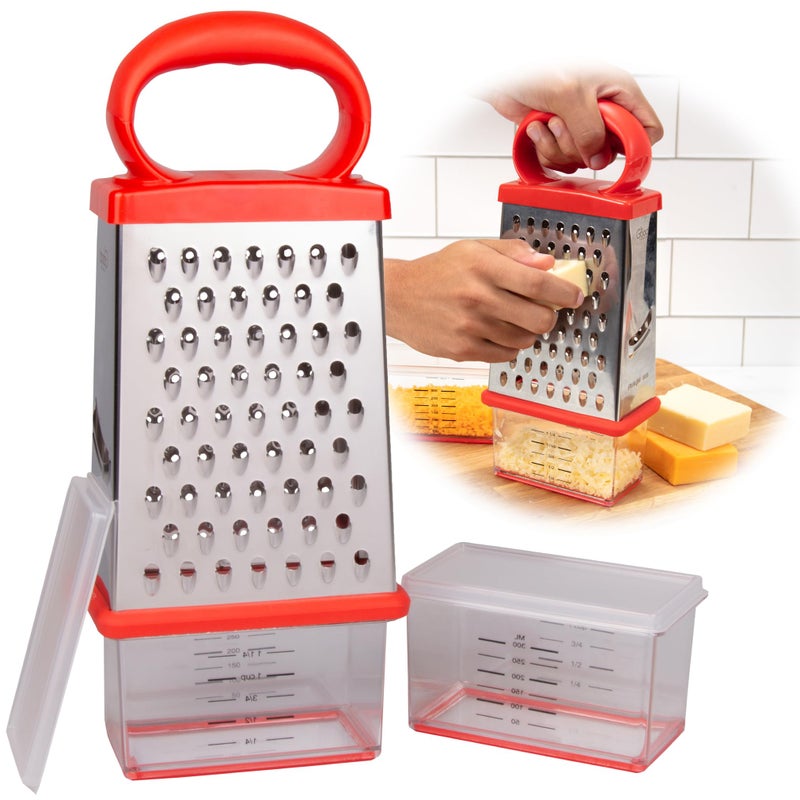 4Sided Stainless Steel Handheld Box Cheese Grater 2 Attachable Storage Containers w BuiltIn Measurements Lids MessFree Shredder Slicing NonSlip Base w Soft Grip Handle Kitchen Essential