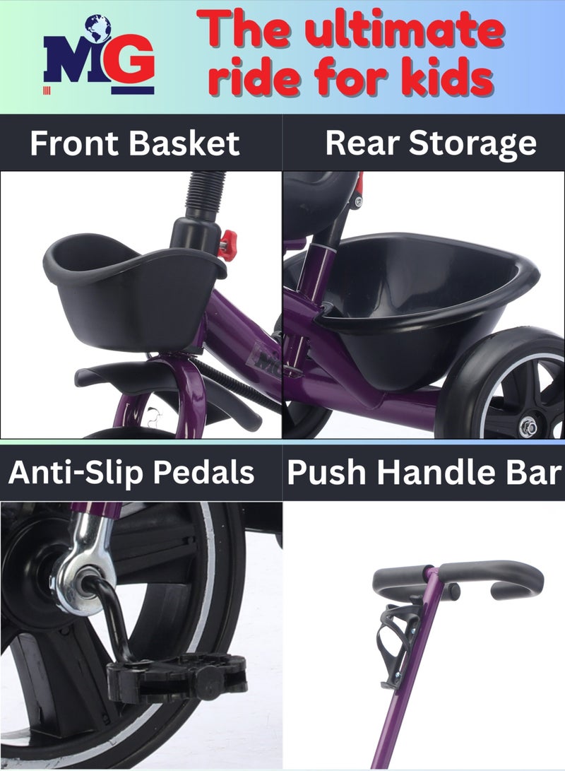 MG Kids 2-in-1 Parental Push Handle Bike | 3-Wheel Toddler Bike with Front Basket & Rear Storage| Safety Belt | Anti-Slip Pedals | Sturdy Steel Frame | Fun Ride-On Toy For 1-5 Years  - Image 5