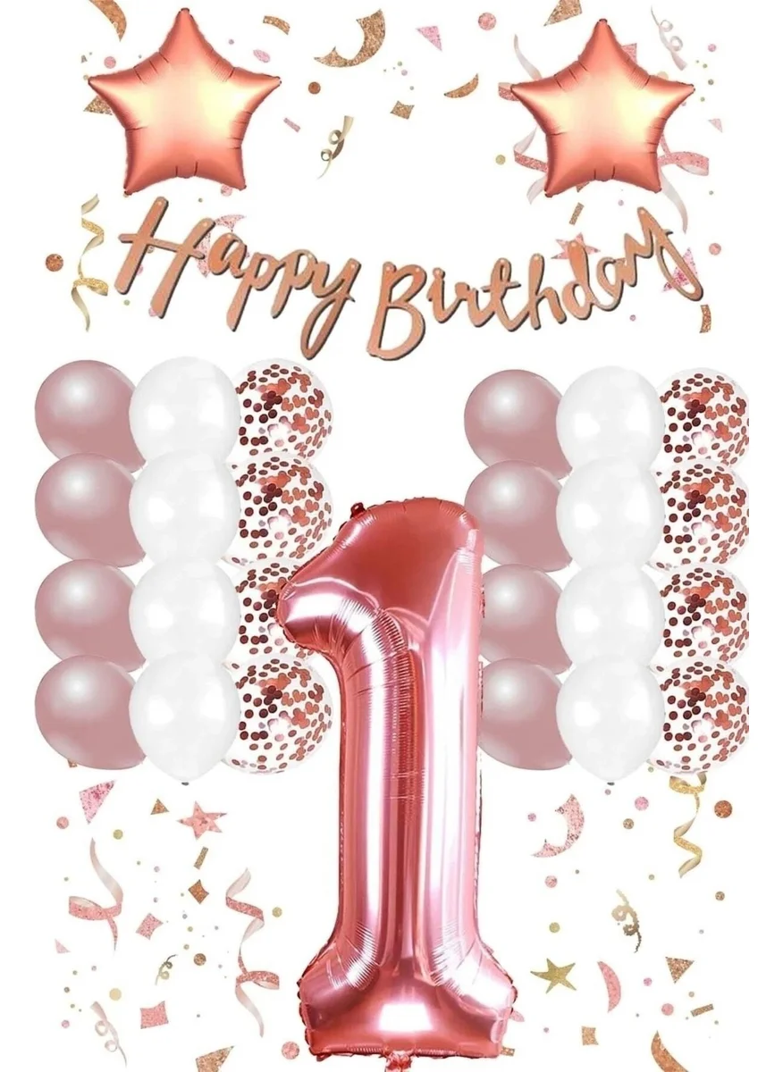 Bkmc Rose Gold Concept Age Birthday Celebration Set; White Gold Confetti Balloon, Number Star