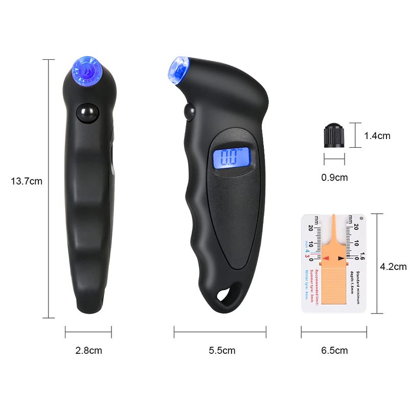 URAQT URAQT Tyre Pressure Gauge, 4 Ranges Digital Inflator Tyre with Tyre Tread Depth Gauge and 4 Pcs Valve Caps, Backlight LCD Display 150 PSI ABS Non-Slip Grip for Car, Truck, Bicycle, Motorcycles  - Image 2