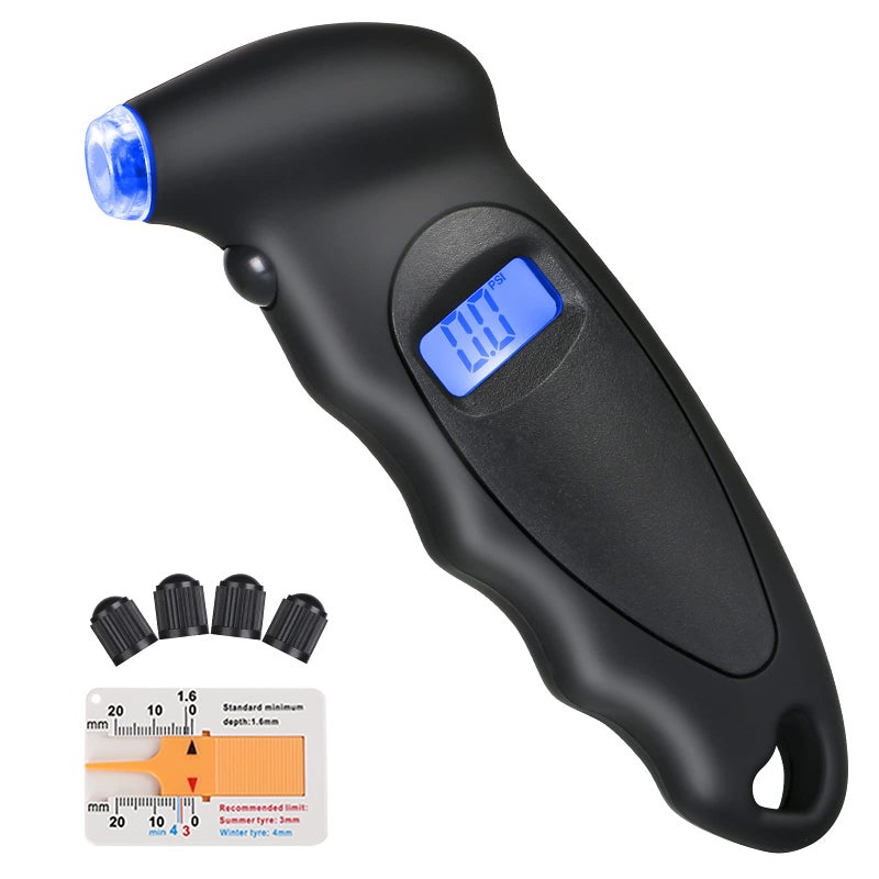URAQT URAQT Tyre Pressure Gauge, 4 Ranges Digital Inflator Tyre with Tyre Tread Depth Gauge and 4 Pcs Valve Caps, Backlight LCD Display 150 PSI ABS Non-Slip Grip for Car, Truck, Bicycle, Motorcycles  - Image 1