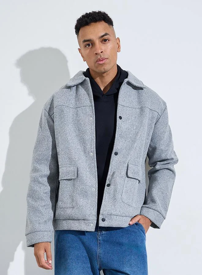 ستايلي Grey Solid Classic Snap Button Workwear Jacket