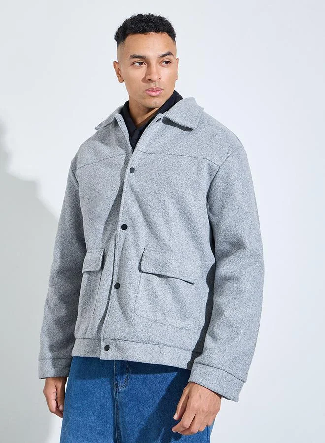 Styli  Grey Solid Classic Snap Button Workwear Jacket for Men | Best Price UAE
