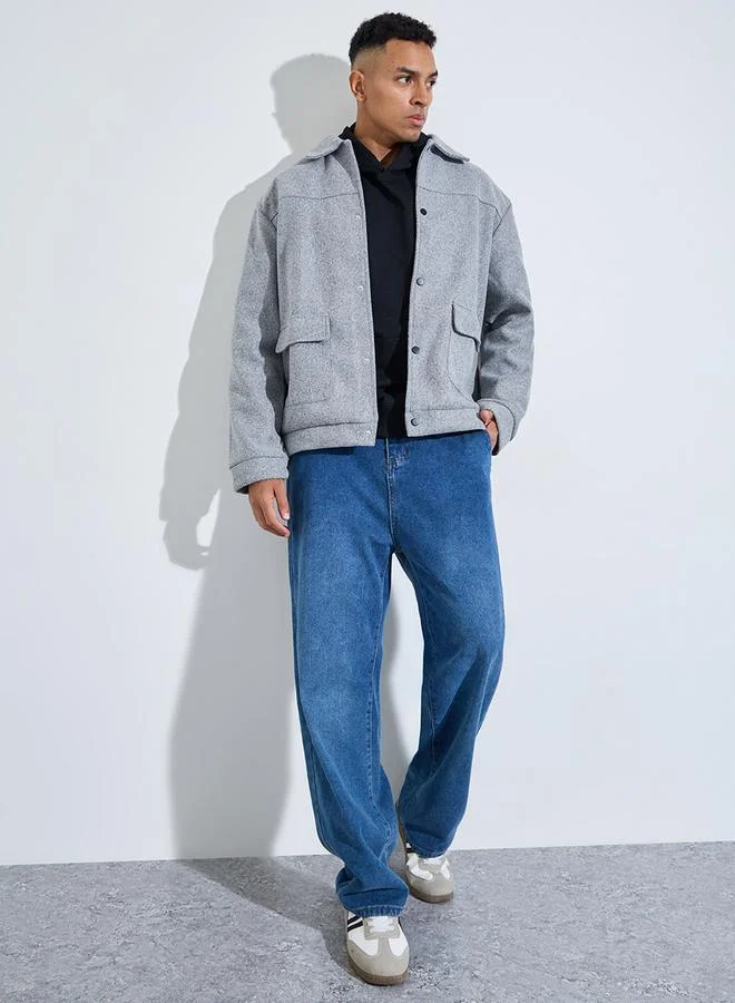 ستايلي Grey Solid Classic Snap Button Workwear Jacket