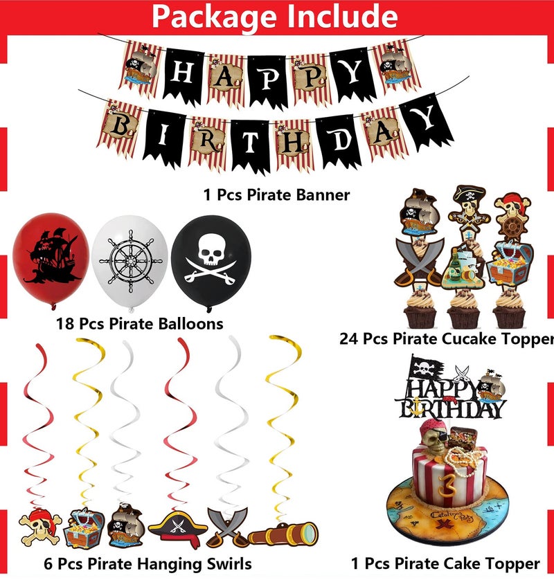 Jcoos Birthday Decorations - Pirate Party Decorations Pirate Birthday Decorations for Men, Boys, Kids, Him, Happy Birthday Banner Balloons Cake Toppers Hanging Swirls Pirate Themed Party Supplies - Image 2
