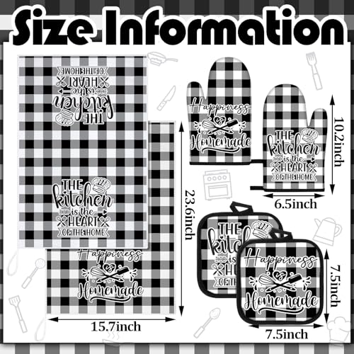 Sratte 6 Pcs Kitchen Decor Accessories Set Farmhouse Towels Pot Holders Oven Mitts Set 2 Dish Towels 2 Potholders 2 Cooking Mittens Oven Glove for Christmas Baking Cooking Supply(Black White,Kitchen) - Image 4