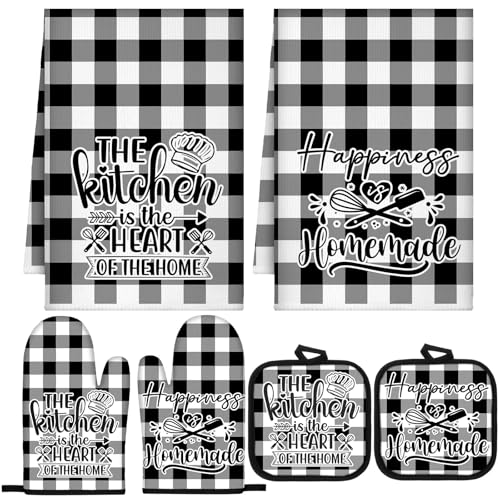 Sratte 6 Pcs Kitchen Decor Accessories Set Farmhouse Towels Pot Holders Oven Mitts Set 2 Dish Towels 2 Potholders 2 Cooking Mittens Oven Glove for Christmas Baking Cooking Supply(Black White,Kitchen) - Image 1