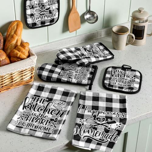 Sratte 6 Pcs Kitchen Decor Accessories Set Farmhouse Towels Pot Holders Oven Mitts Set 2 Dish Towels 2 Potholders 2 Cooking Mittens Oven Glove for Christmas Baking Cooking Supply(Black White,Kitchen) - Image 3