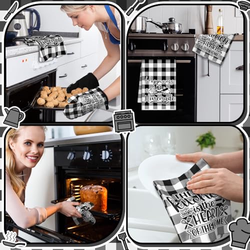 Sratte 6 Pcs Kitchen Decor Accessories Set Farmhouse Towels Pot Holders Oven Mitts Set 2 Dish Towels 2 Potholders 2 Cooking Mittens Oven Glove for Christmas Baking Cooking Supply(Black White,Kitchen) - Image 5