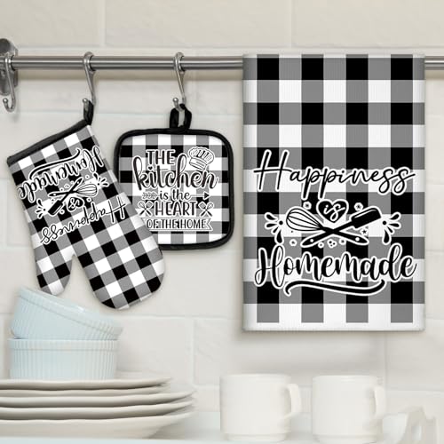 Sratte 6 Pcs Kitchen Decor Accessories Set Farmhouse Towels Pot Holders Oven Mitts Set 2 Dish Towels 2 Potholders 2 Cooking Mittens Oven Glove for Christmas Baking Cooking Supply(Black White,Kitchen) - Image 2