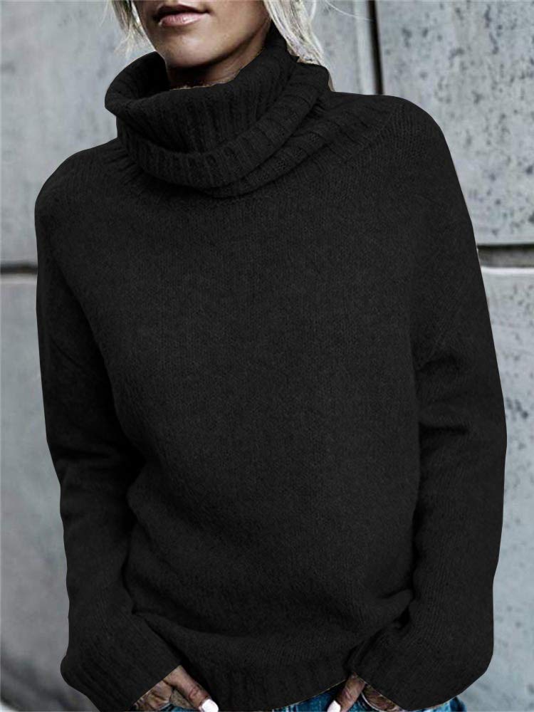 FISACE Womens Oversized Turtleneck Pullover Sweater Cable Knit Long Sleeve Sweater Tops A-Black - Image 2