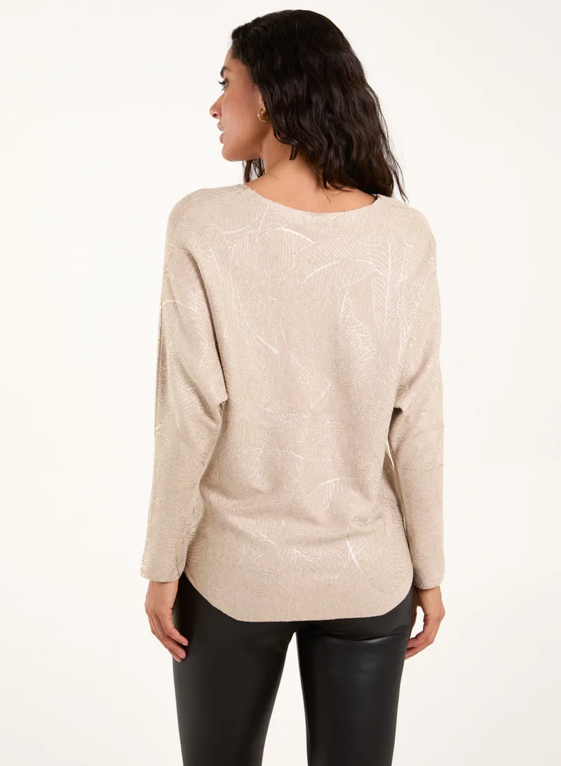 Blue Vanilla Foil Leaf Print Round Neck Jumper