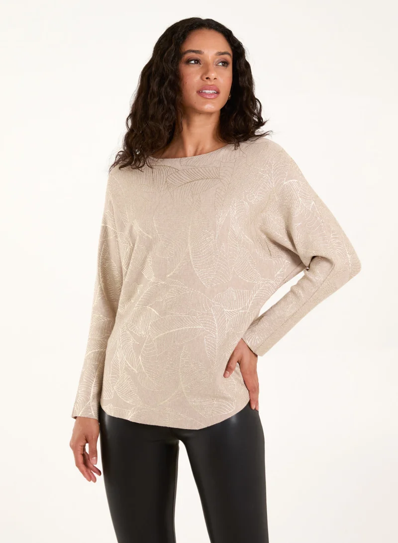 Blue Vanilla Foil Leaf Print Round Neck Jumper