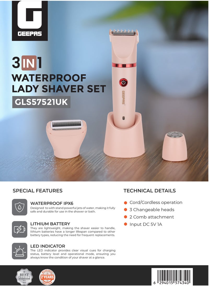 GEEPAS - 3 In1 Waterproof Lady Shaver Set | Lithium Battery , LED Indicator | 3 Changeable Heads, 2 Comb Attachment | GLS57521UK - Image 1