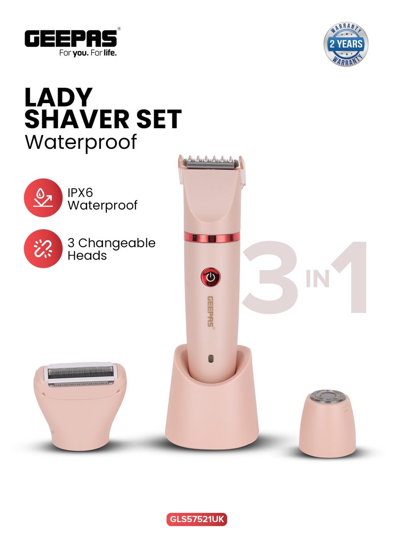 GEEPAS 3 In1 Waterproof Lady Shaver Set | Lithium Battery , LED Indicator | 3 Changeable Heads, 2 Comb Attachment | GLS57521UK - Image 1