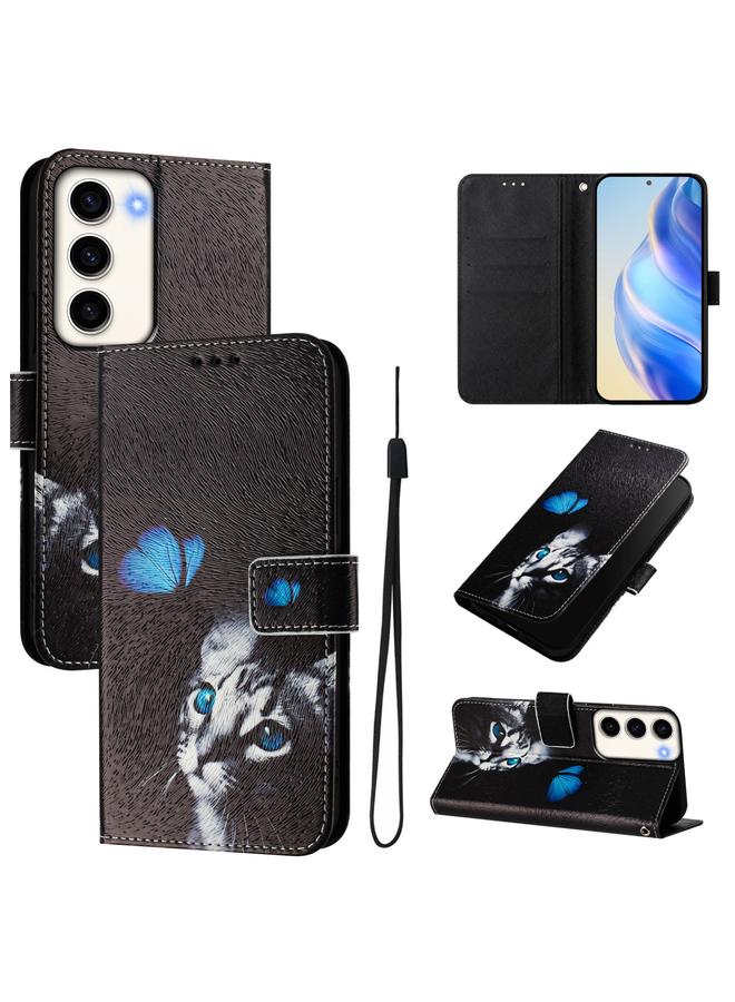 جراب جلدي لهاتف Samsung Galaxy S23 5G بنمط رسم ملون فني (قطة فراشة)