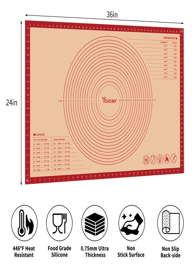 VCHOMY Extra Large Silicone Pastry Mat for Counter Rolling Dough,36x24 Inch,0.75mm Thick,Non Slip Silicone Baking Mat with Measurement(36 x 24 In,Red) - Image 2